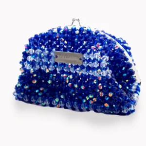 BOLSA PEQUEÑA DE CRISTALES TRANSPARENTE TORNASOL Y AZUL PAVO TORNASOL