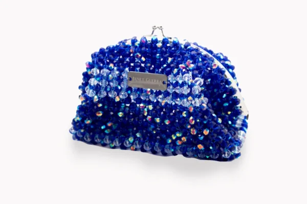 BOLSA PEQUEÑA DE CRISTALES TRANSPARENTE TORNASOL Y AZUL PAVO TORNASOL