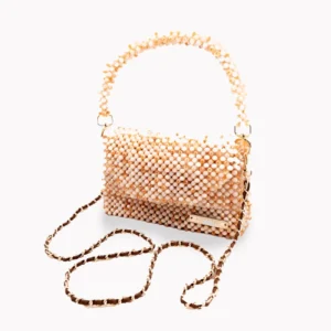 BOLSA MEDIANA CON PERLA DORADA Y CRISTALES TRANSPARENTES TORNASOL