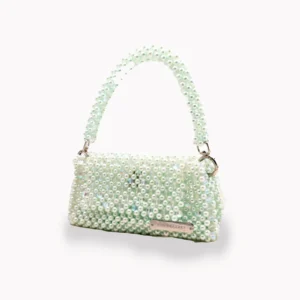 BOLSA MEDIANA CON CRISTALES DE VERDE TORNASOL Y PERLAS VERDE AQUA CLARO