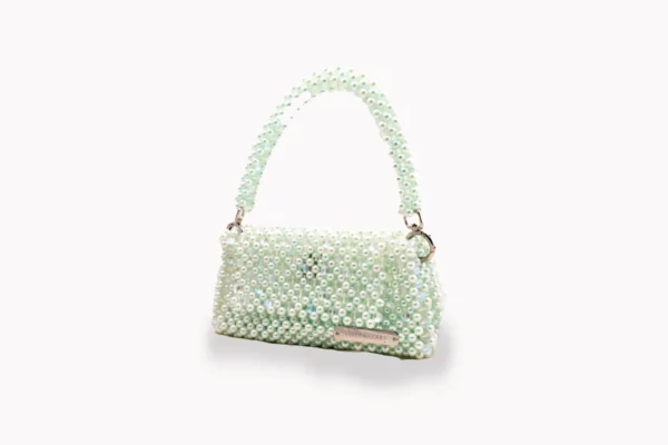 BOLSA MEDIANA CON CRISTALES DE VERDE TORNASOL Y PERLAS VERDE AQUA CLARO