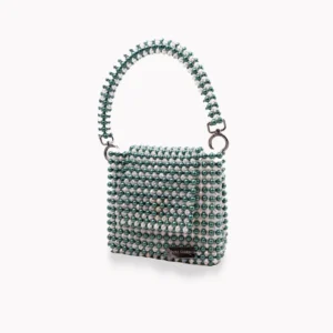 BOLSA MEDIANA CON CRISTALES TRANSPARENTES TORNASOL Y PERLA COLOR VERDE MUSGO