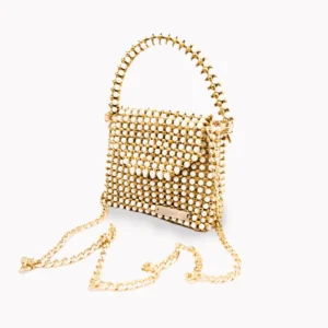 BOLSA MEDIANA DE CRISTALES DORADOS Y PERLA COLOR CREMA