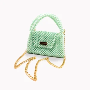 BOLSA MEDIANA DE CRISTALES VERDE AQUA TORNAZOL Y CON CRISTALES DE FORMA DE PERLA COLOR VERDE AQUA