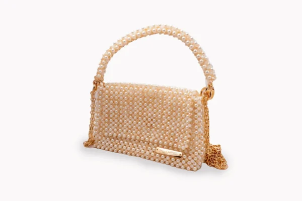 BOLSA GRANDE CON PERLAS COLOR BLANCO MARFIL Y CRISTALES BLANCO MARFIL CON DESTELLOS BEIGE