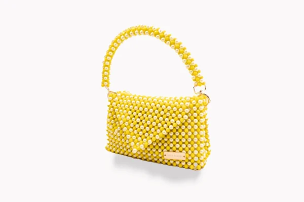 BOLSA GRANDE EN CRISTAL TRANSPARENTE AMARILLO CANARIO Y PERLAS AMARILLAS