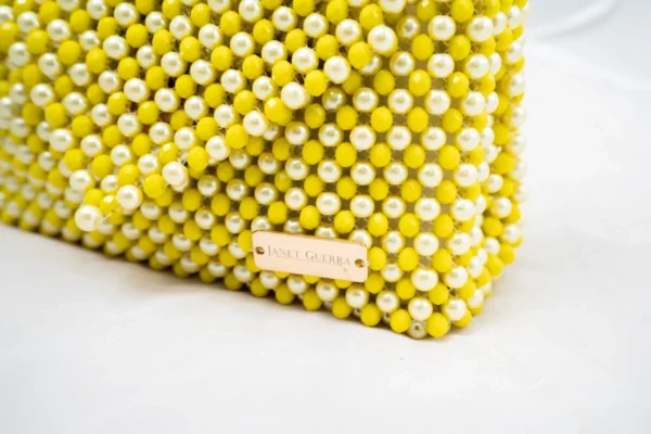 BOLSA GRANDE EN CRISTAL TRANSPARENTE AMARILLO CANARIO Y PERLAS AMARILLAS