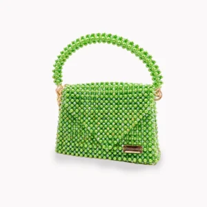 BOLSA GRANDE CON CRISTALES COLOR VERDE TRANSPARENTE TORNASOL Y PERLAS EN VERDE ESMERALDA