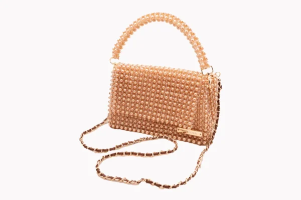 BOLSA  GRANDE CRISTALS BEIGE Y CAFÉ COBRE CON AZA CORTA DE LOS MISMOS TONOS