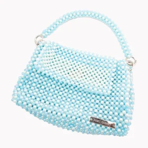 BOLSA GRANDE CON CRISTALES CELESTE TORNASOL CON CADENA LARGA DORADA