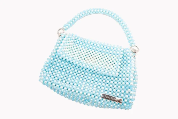 BOLSA GRANDE CON CRISTALES CELESTE TORNASOL CON CADENA LARGA DORADA