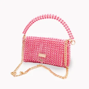 43 BOLSA GRANDE CON CRISTALES TRANSPARENTE TORNASOL Y PERLAS FUCSIA