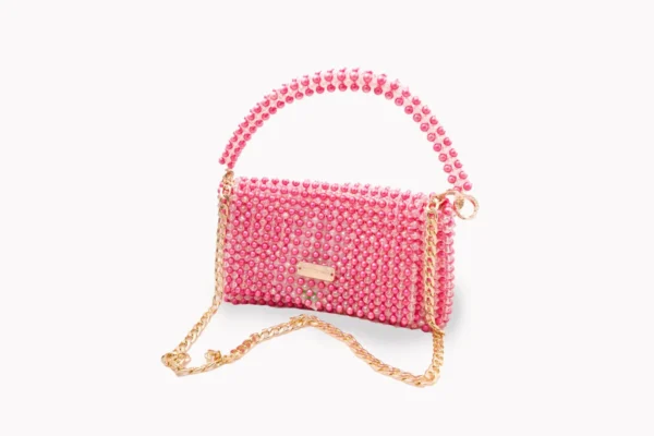 BOLSA GRANDE CON CRISTALES TRANSPARENTE TORNASOL Y PERLAS FUCSIA