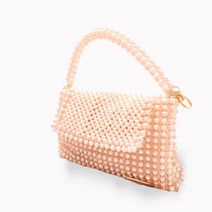 73 BOLSA GRANDE DE CRISTALES ROSA BABY TRANSPARENTE CON PERLA COLOR PEACH
