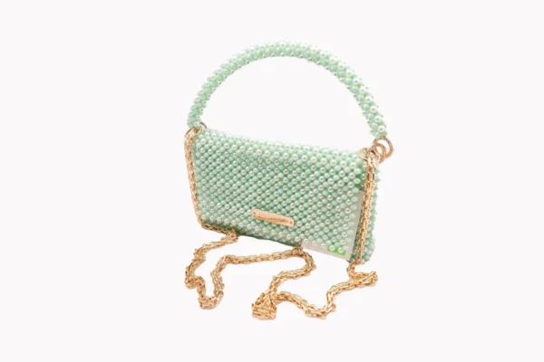 BOLSA GRANDE DE CRISTALES COLOR VERDE MENTA TORNASOSL CON PERLAS VERE MENTA